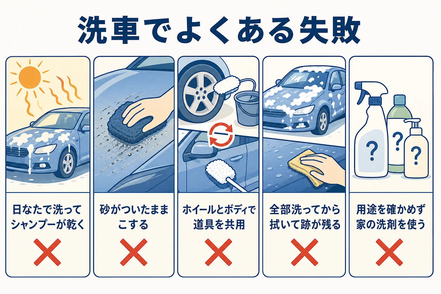 洗車でよくある失敗と避け方を時間帯・順番・道具の3つに分けたチェックリストの図解