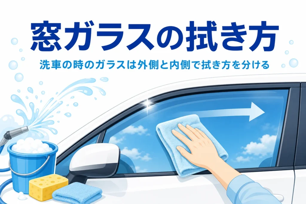 乗用車の窓ガラスをクロスで拭いている手元