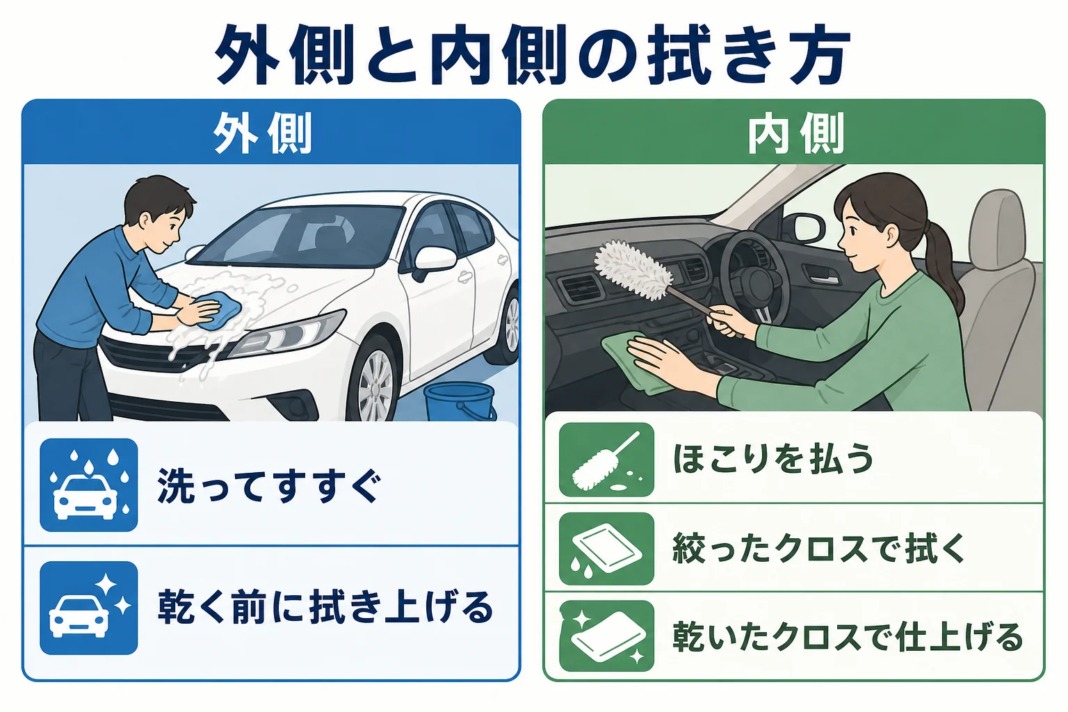 窓ガラスの外側と内側の拭き方を並べた手順の図解