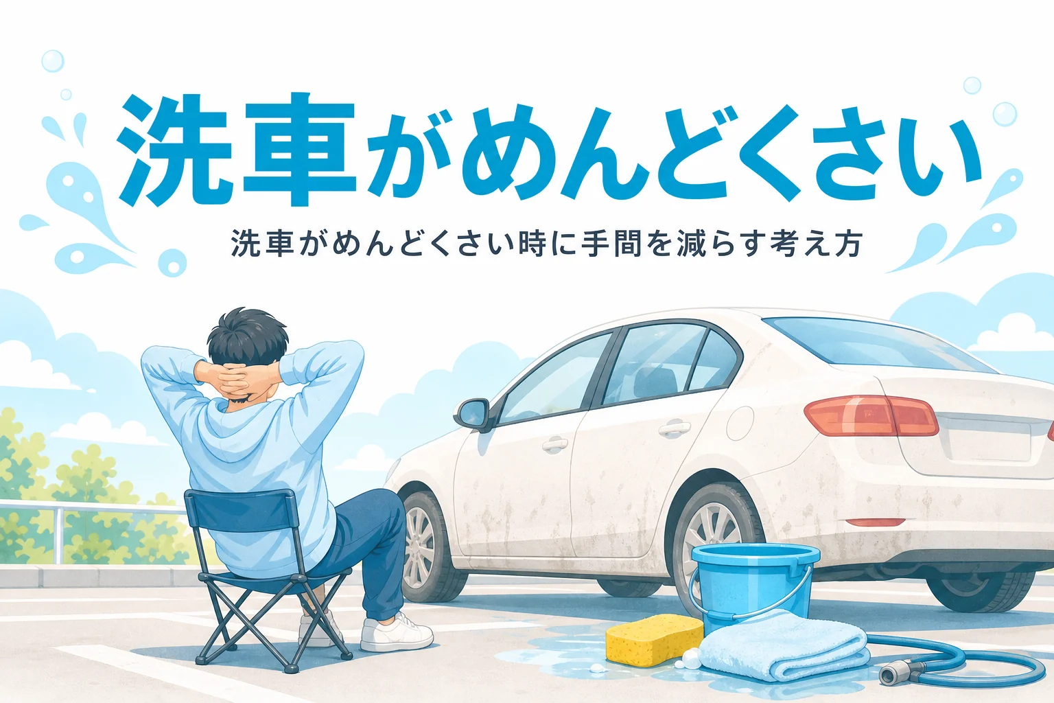 少し汚れた車の横にバケツとタオルが置かれ、人物が後ろ姿でひと息ついている様子