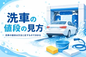 洗車機のゲートの前の乗用車と、手洗い用のバケツとスポンジ