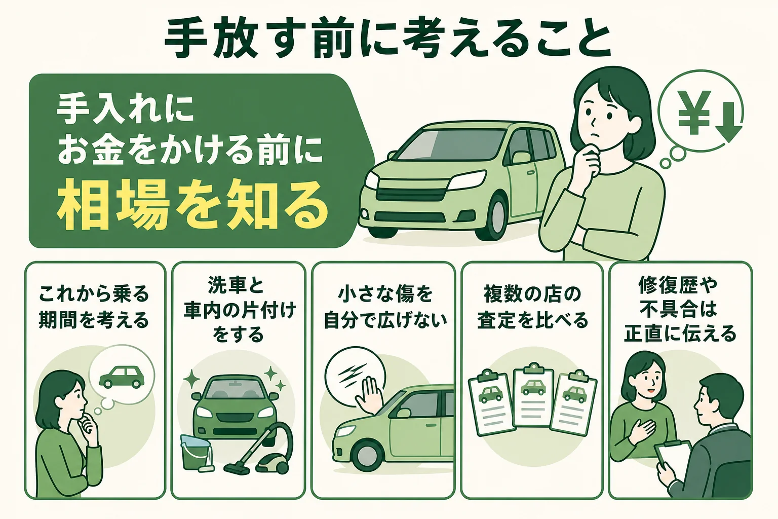 手放す前に洗車代と査定の考え方を整理する流れの図解