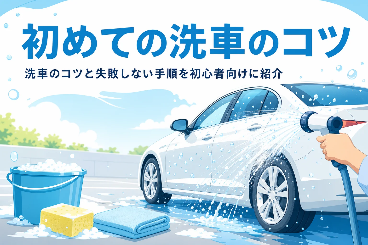 日陰の駐車場の車とバケツ・スポンジ・タオルが並ぶ写真に、初めての洗車のコツの記事タイトル