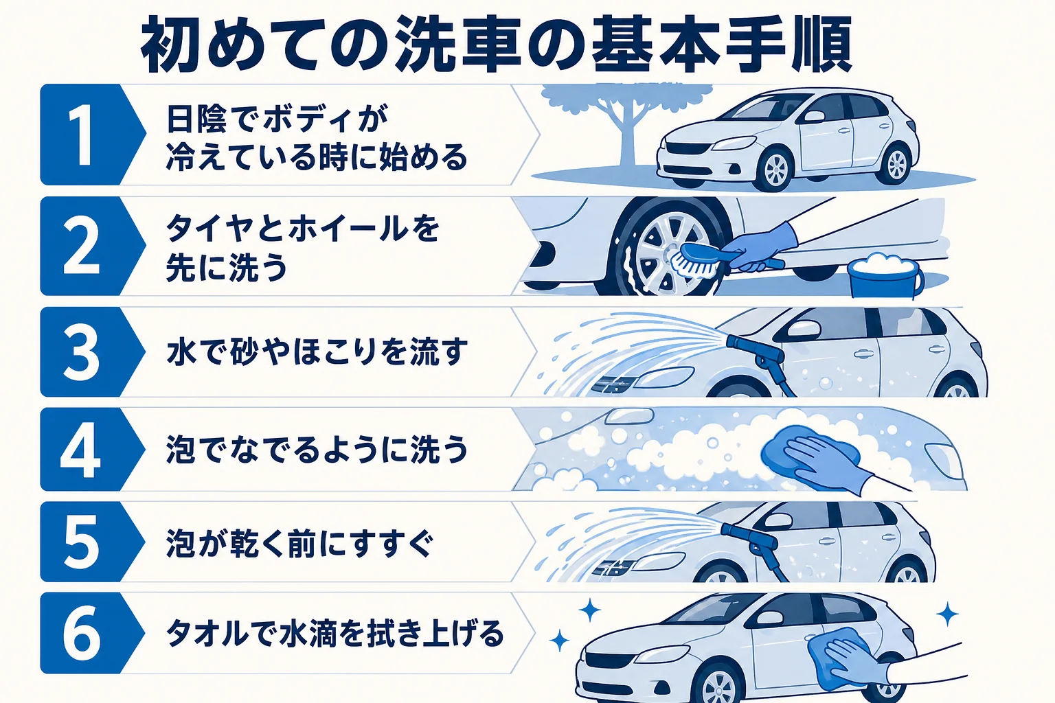 初めての洗車の手順をタイヤ・予洗い・シャンプー・すすぎ・拭き上げの順に示した図解