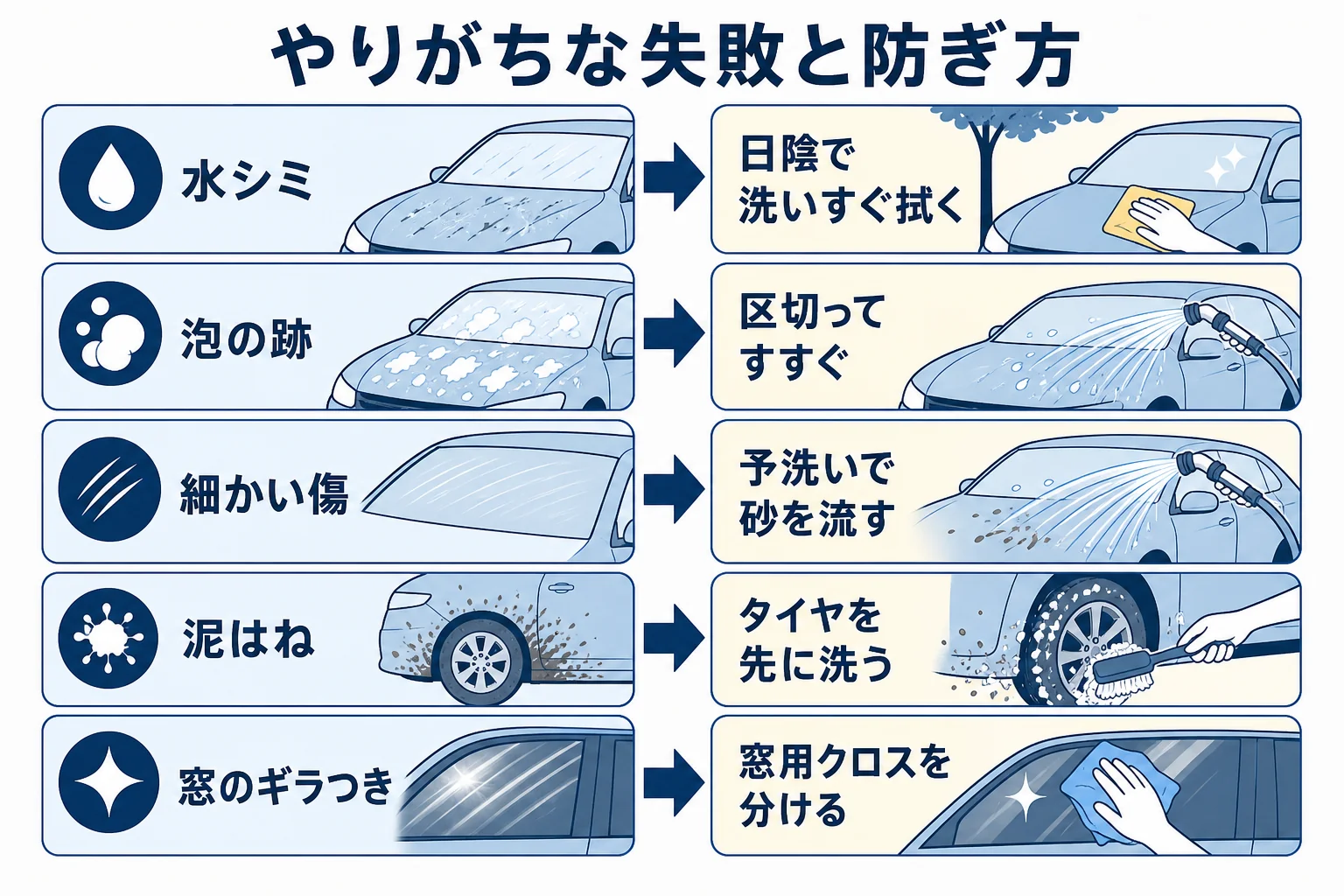 初めての洗車でやりがちな失敗と、それぞれの防ぎ方をまとめた図解