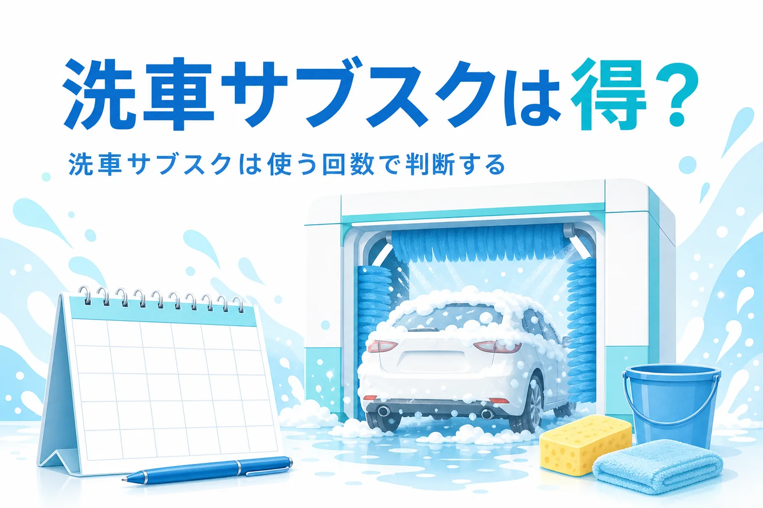 門型洗車機の中の乗用車と白紙のカレンダーに、洗車サブスクの判断のしかたを紹介する記事タイトル