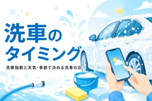 朝の光の中で天気予報を見ながら車を洗う準備をしている手元