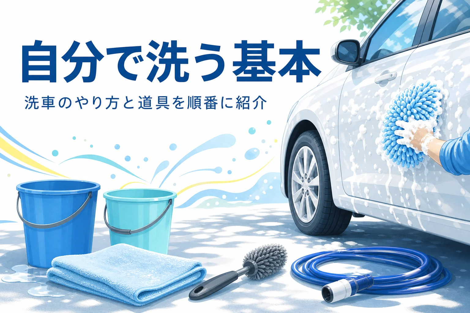 車の横に並んだバケツや洗車ミットなどの道具と、洗車のやり方を紹介する記事タイトル