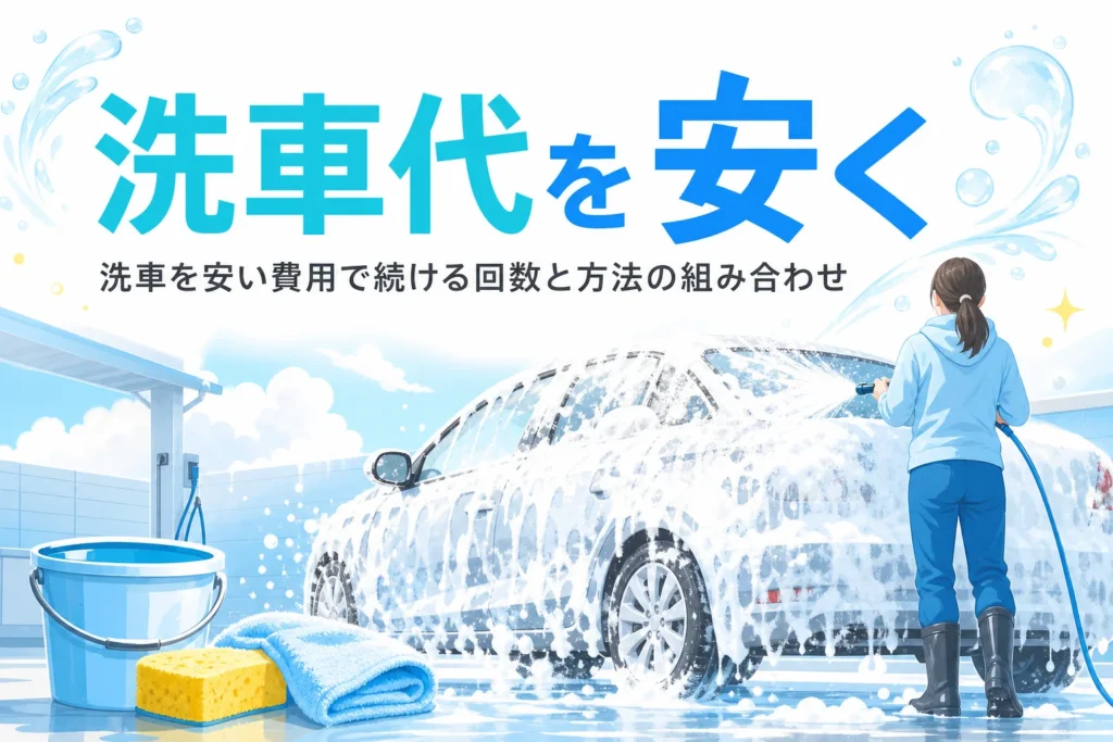 セルフ洗車場で泡に包まれた乗用車と、手前に並んだバケツやスポンジ