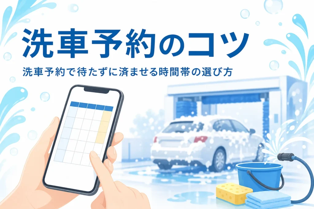 カレンダーを表示したスマートフォンを持つ手元と、奥で洗われている乗用車