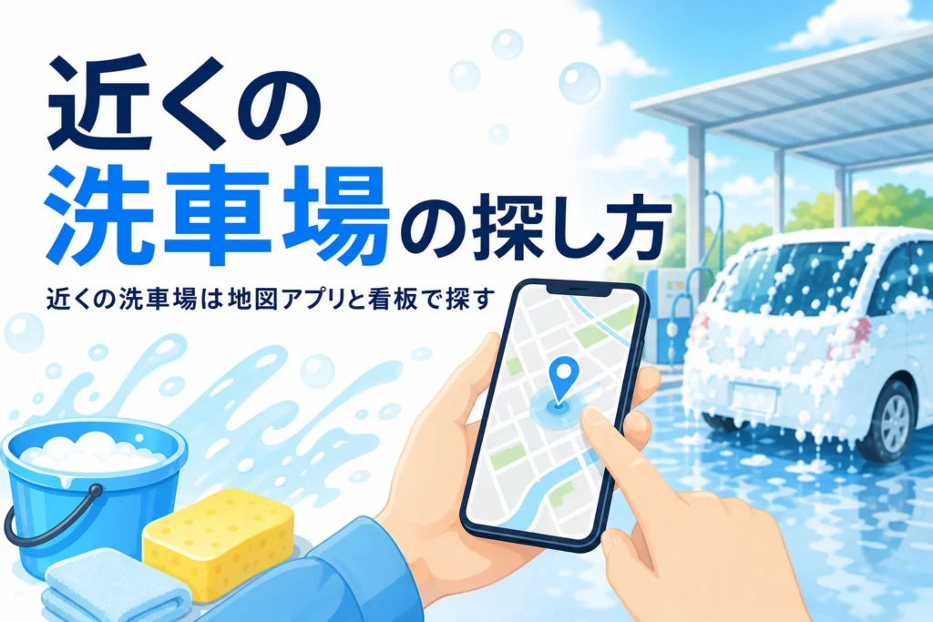 スマートフォンの地図で近くの洗車場を探している手元と、背景のセルフ洗車場