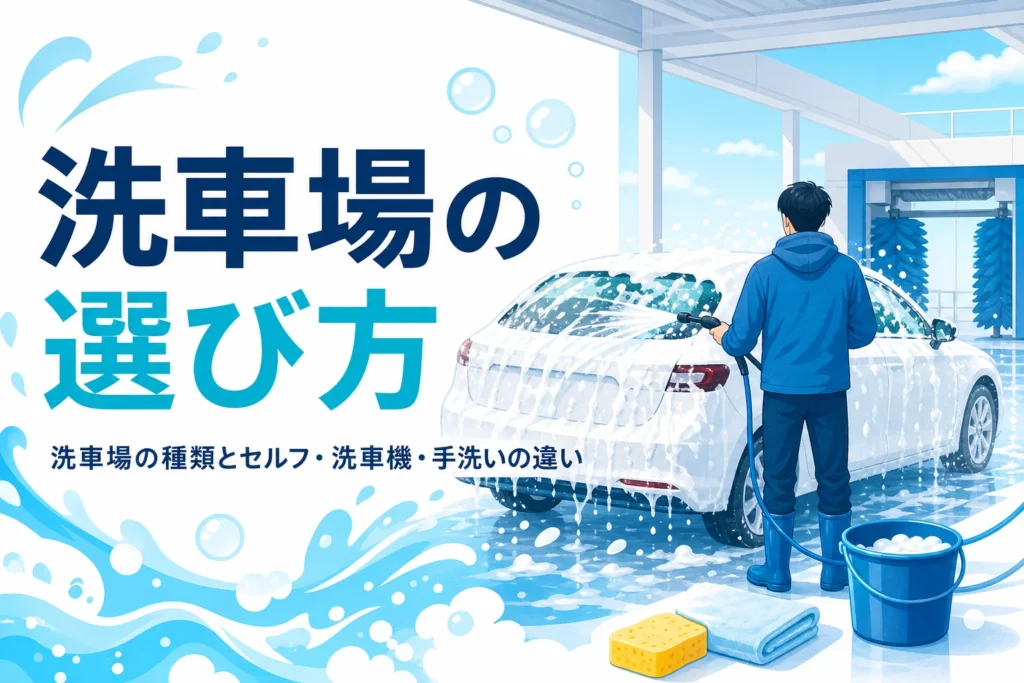 セルフ洗車場のブースで泡と水をかけられている車と奥の洗車機の写真に、洗車場の選び方の記事タイトル