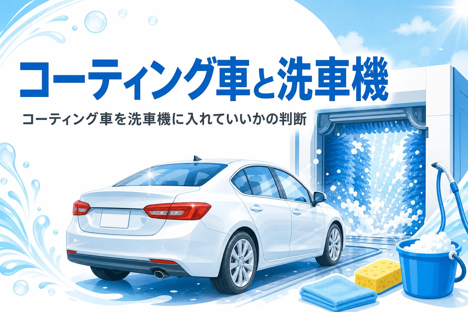 門型洗車機の手前に止まった艶のある乗用車と、コーティング車の洗車機の使い方を紹介する記事タイトル