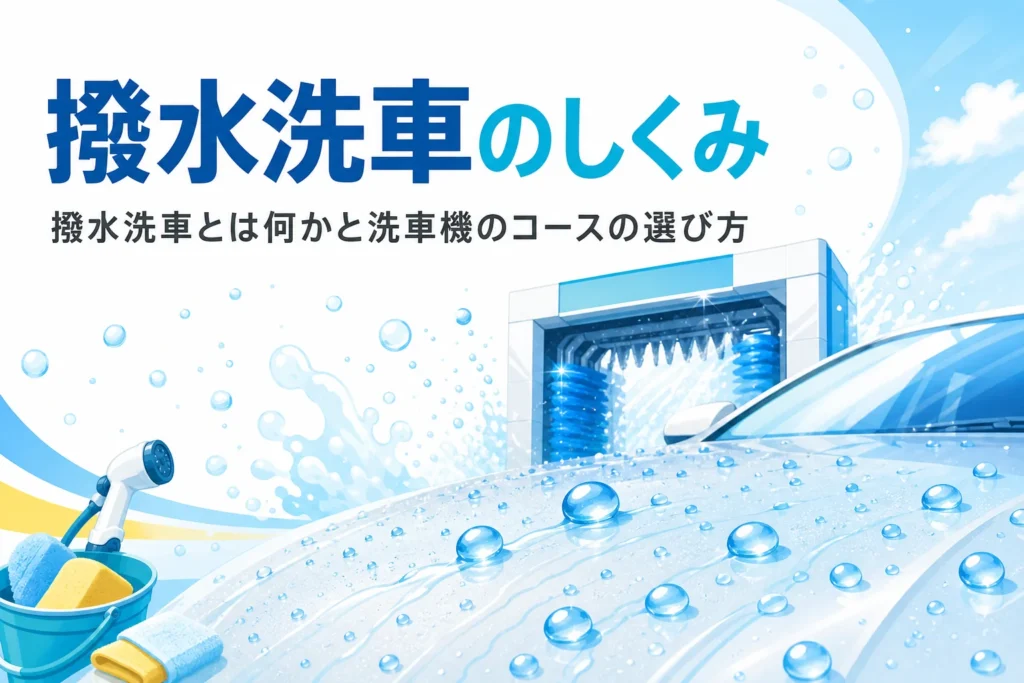 洗車機で撥水洗車をした乗用車のボンネットで水が玉になって弾いている様子