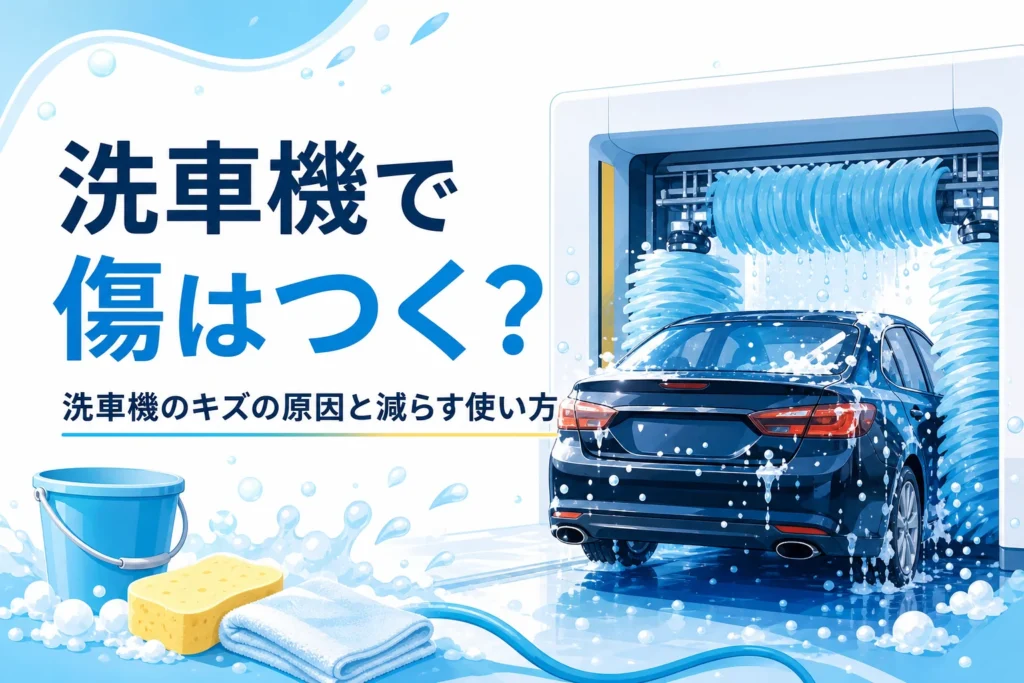 門型洗車機の中で泡とやわらかいブラシで洗われる濃い色の乗用車
