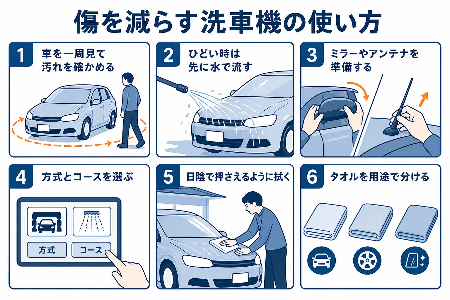 傷を減らす洗車機の使い方を6つの手順にまとめた図解