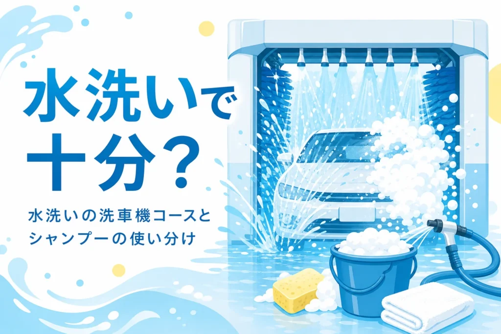 洗車機の中で水と泡をかけられている乗用車