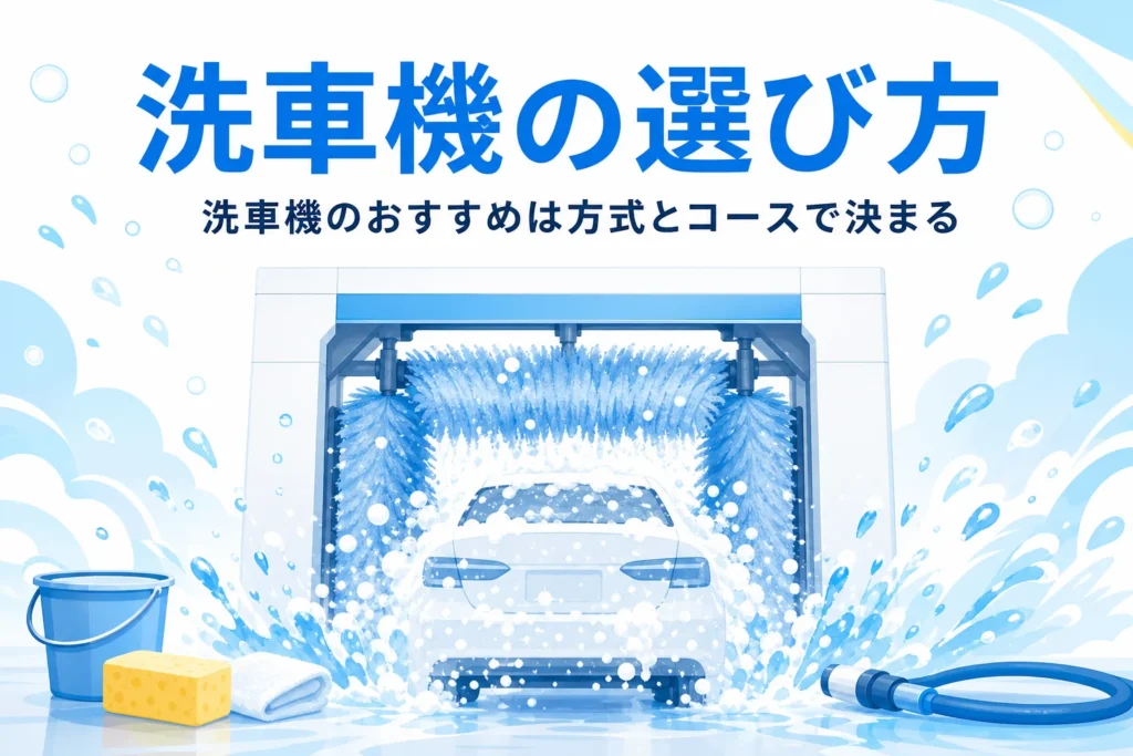 門型洗車機のブラシと泡に包まれた乗用車と、洗車機の選び方を紹介する記事タイトル