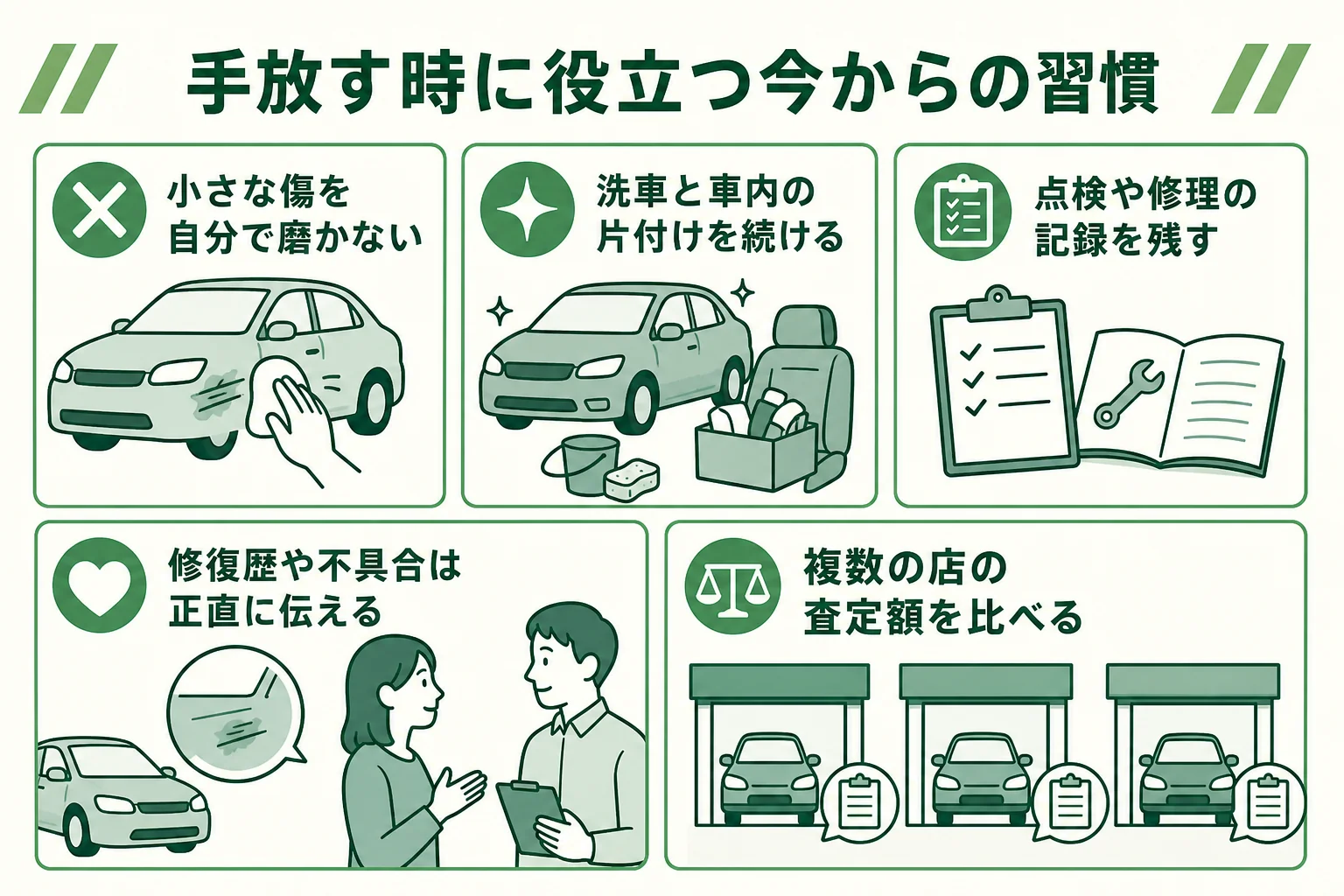 新車のうちから続けておくと手放す時に役立つことの図解
