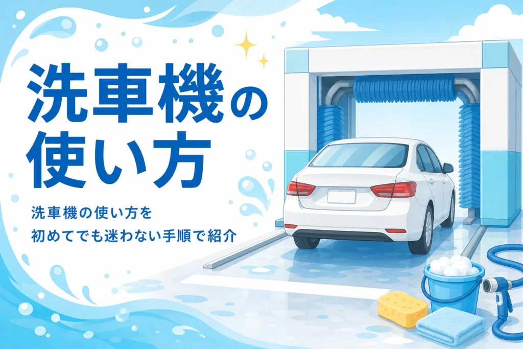 門型洗車機の手前でドアミラーをたたんで止まっている乗用車
