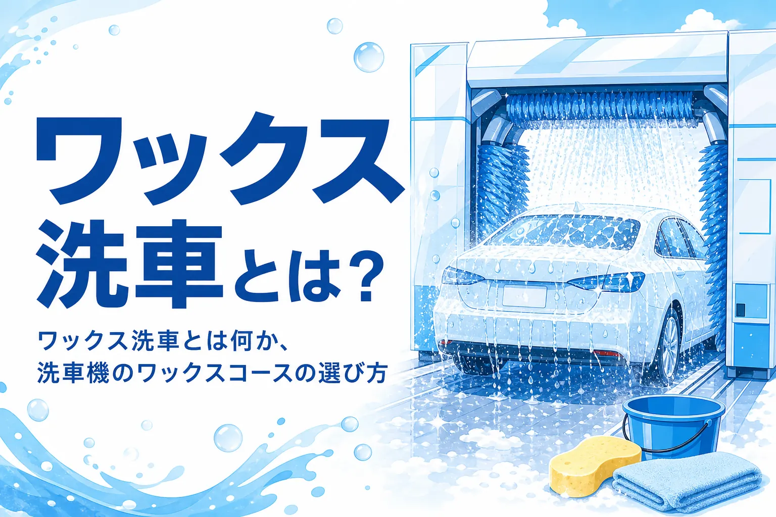 洗車機の中で水が玉になって光る乗用車のボディ
