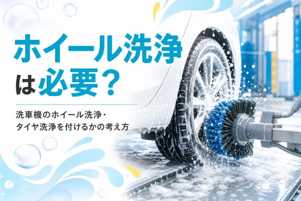 洗車機の中でタイヤとホイールに泡と水がかかっている足元と、洗車機のホイール洗浄の記事タイトル