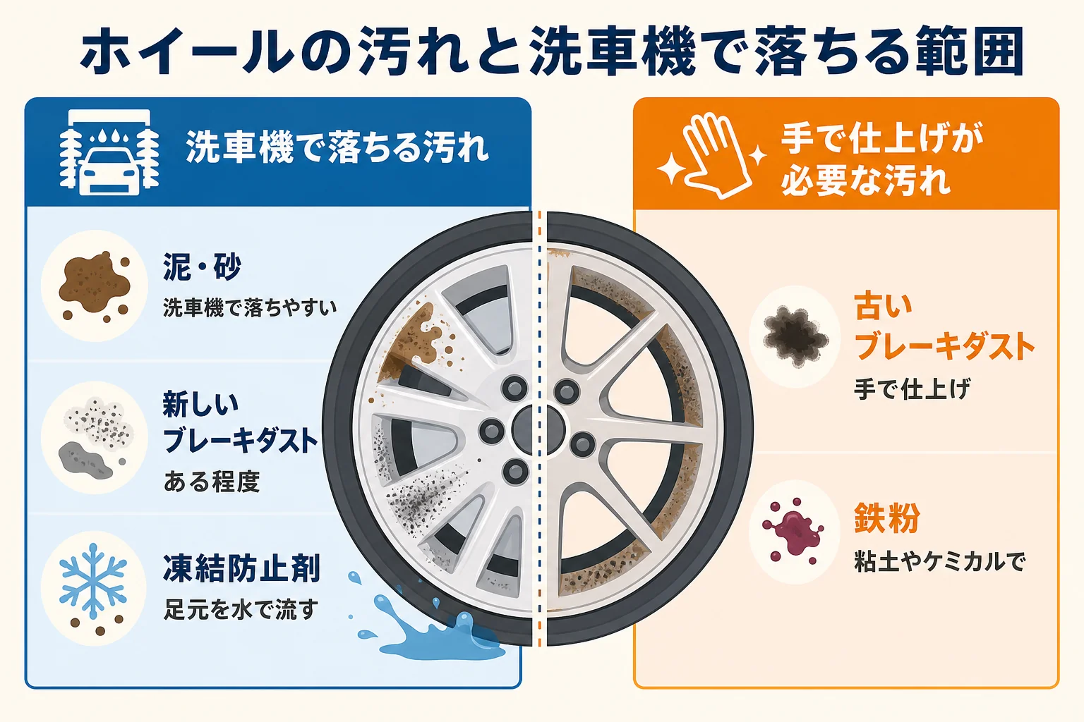 ホイールの汚れを、洗車機で落ちやすい泥や砂と、手での仕上げが必要なブレーキダストや鉄粉に分けて示した図解
