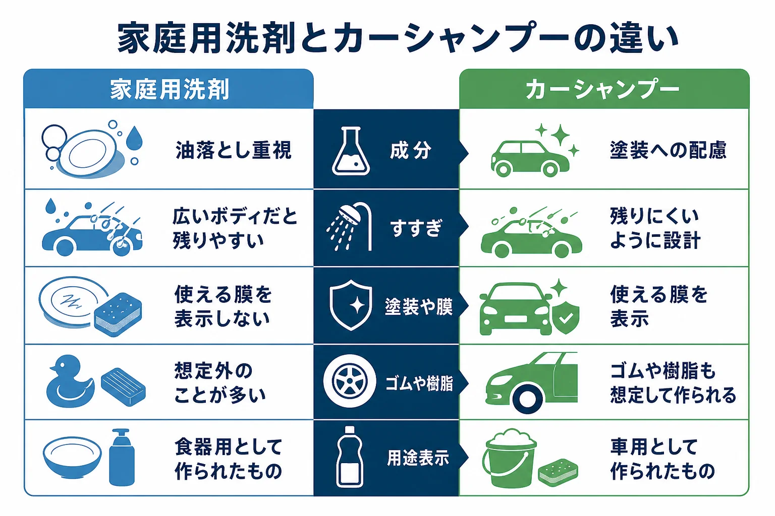 家庭用洗剤とカーシャンプーの違いを成分・すすぎ・塗装への影響で比べた図解