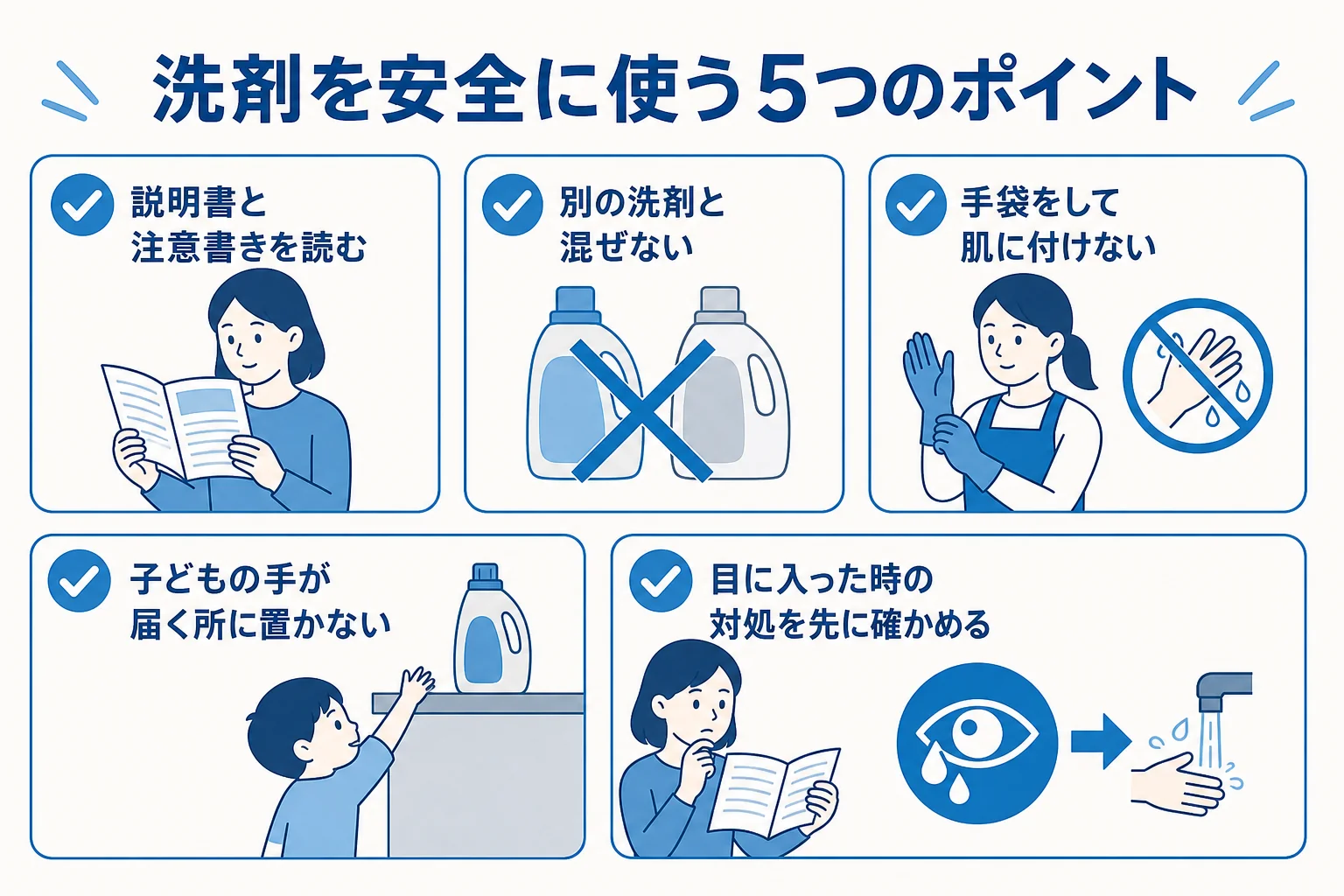 洗車洗剤を使う時に説明書を読む・混ぜない・手袋をする・置き場所・目に入った時の対処の5つのポイントをまとめた図解