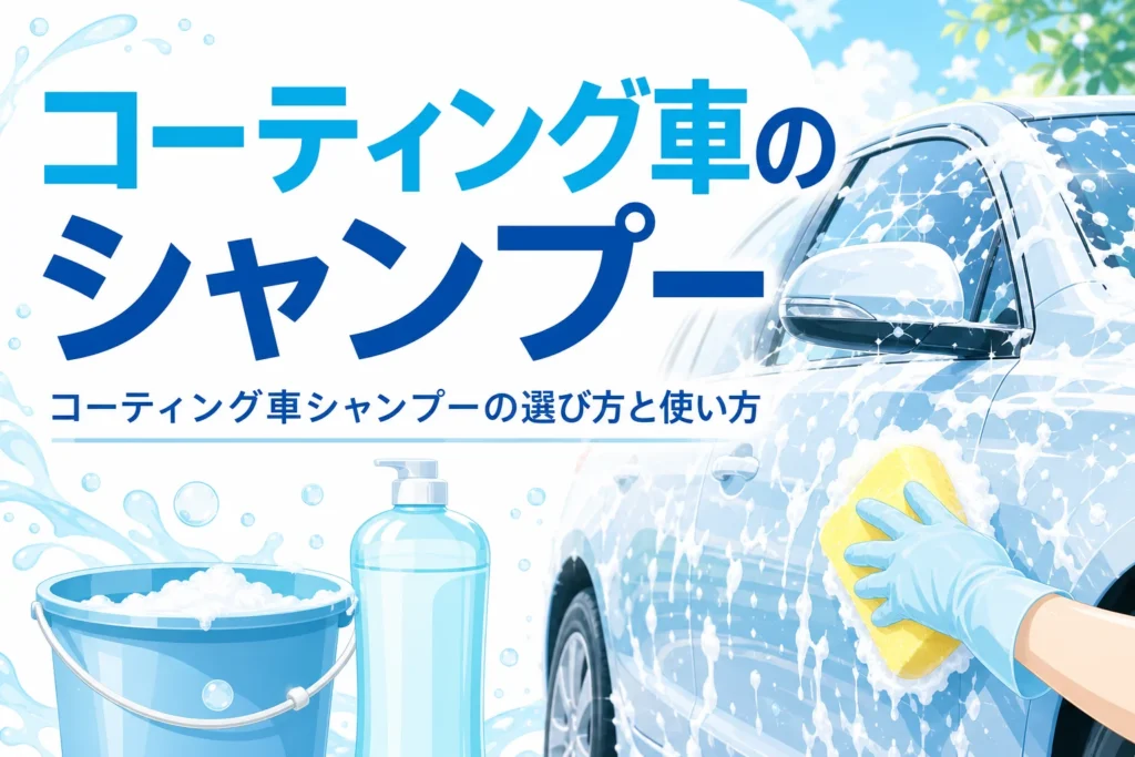 コーティングした乗用車をシャンプーの泡で洗っている手元とバケツ