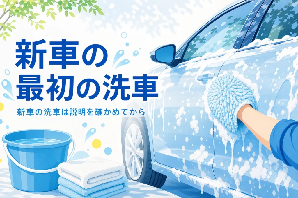 新しい車のボディを泡と洗車ミットでやさしく洗う手元と、新車の最初の洗車の記事タイトル