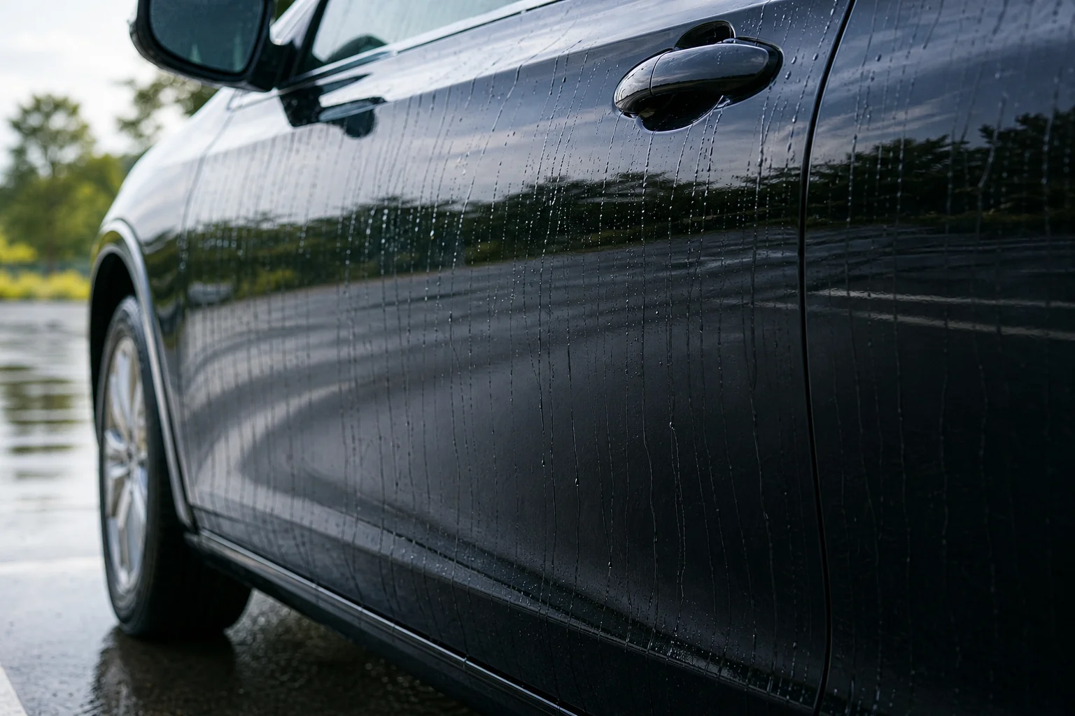 雨上がりに水が薄く流れ落ちて水滴が残りにくい乗用車のドアの表面