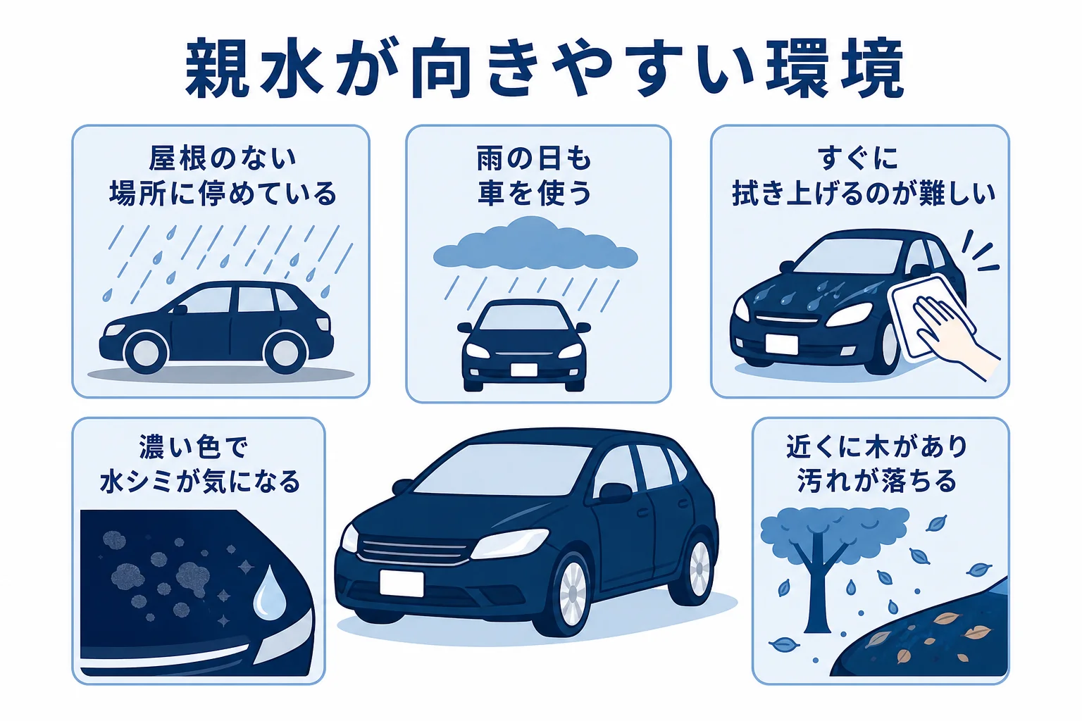 親水ガラスコーティングが向きやすい青空駐車などの環境をまとめた図解