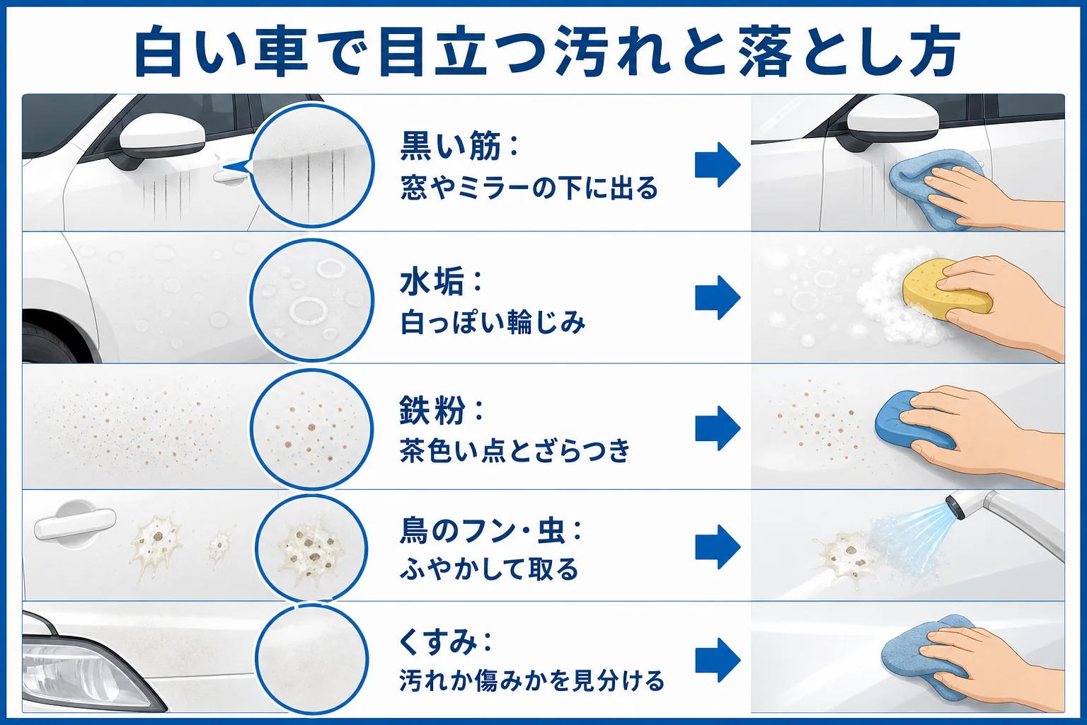 白い車で目立つ汚れを黒い筋・水垢・鉄粉・鳥のフン・くすみに分けて、落とし方と一緒に示した図解