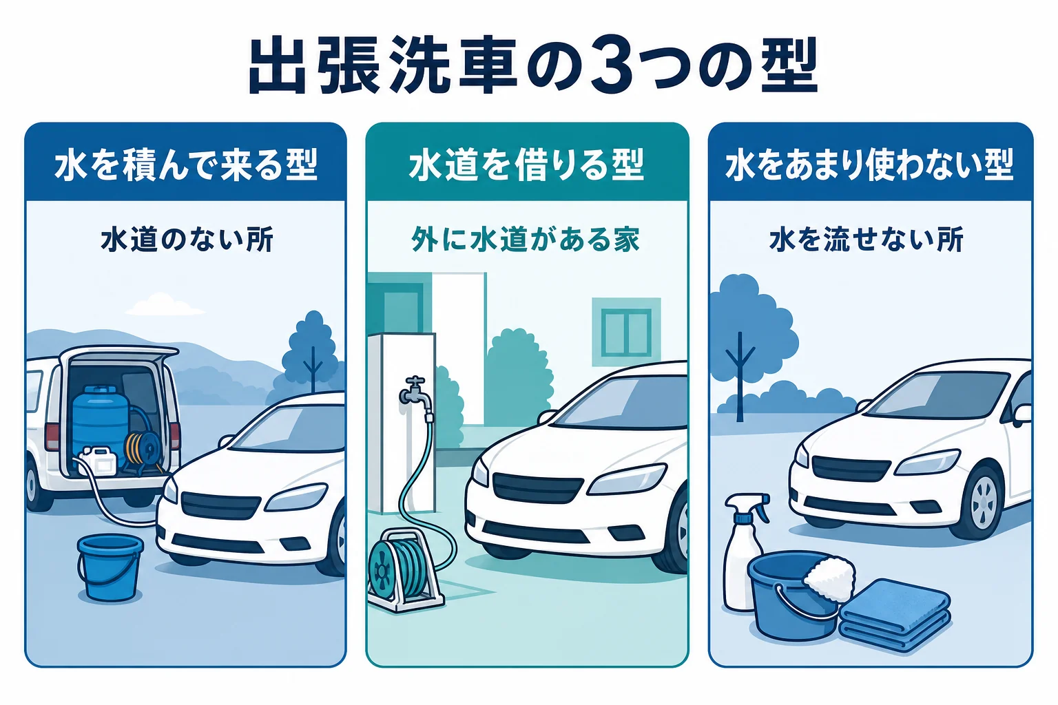 出張洗車の3つの型と向く場所を示した図解