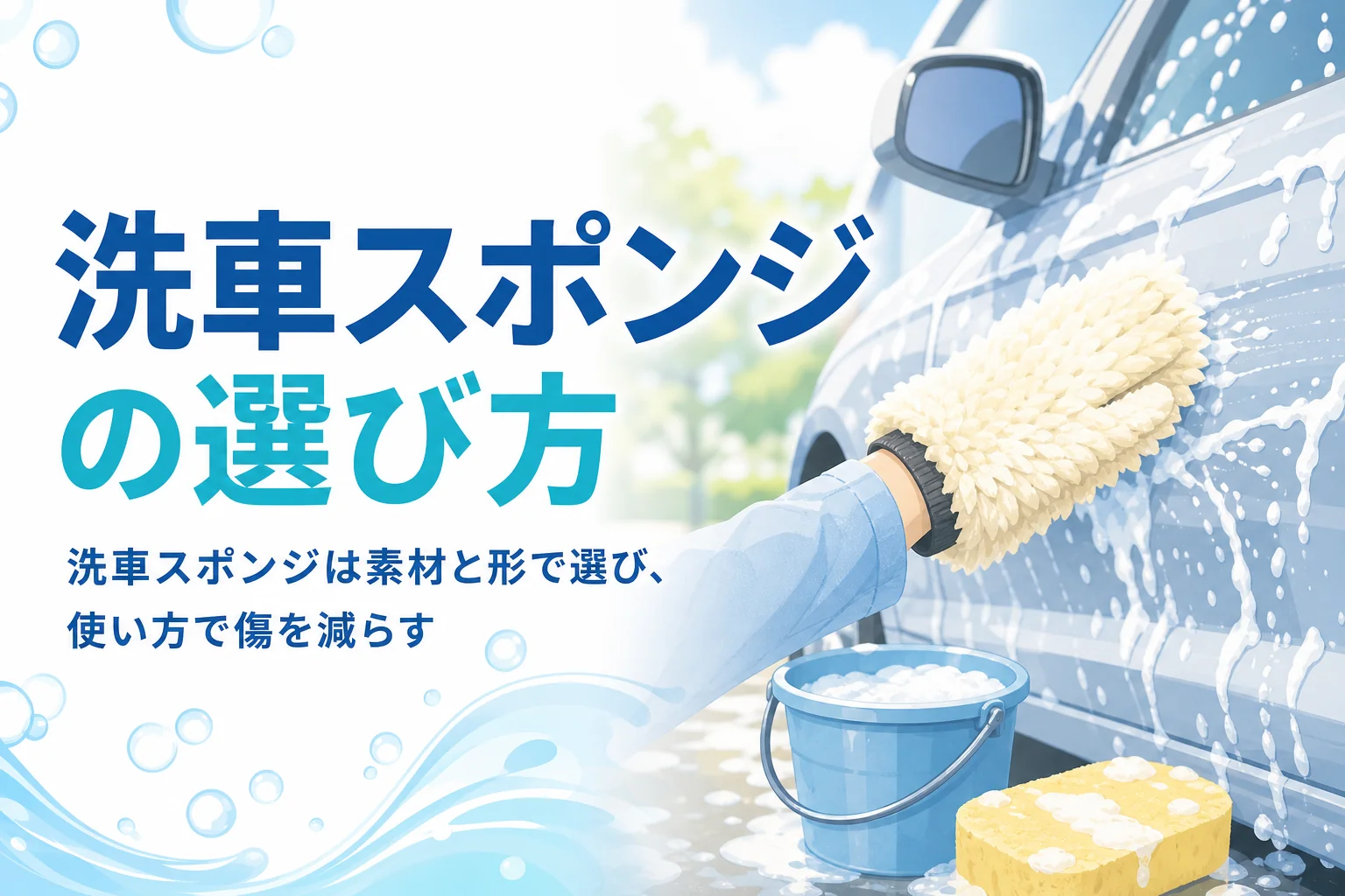 泡のついた車のドアをムートンのグローブで洗っている手元と、洗車スポンジの選び方の記事タイトル