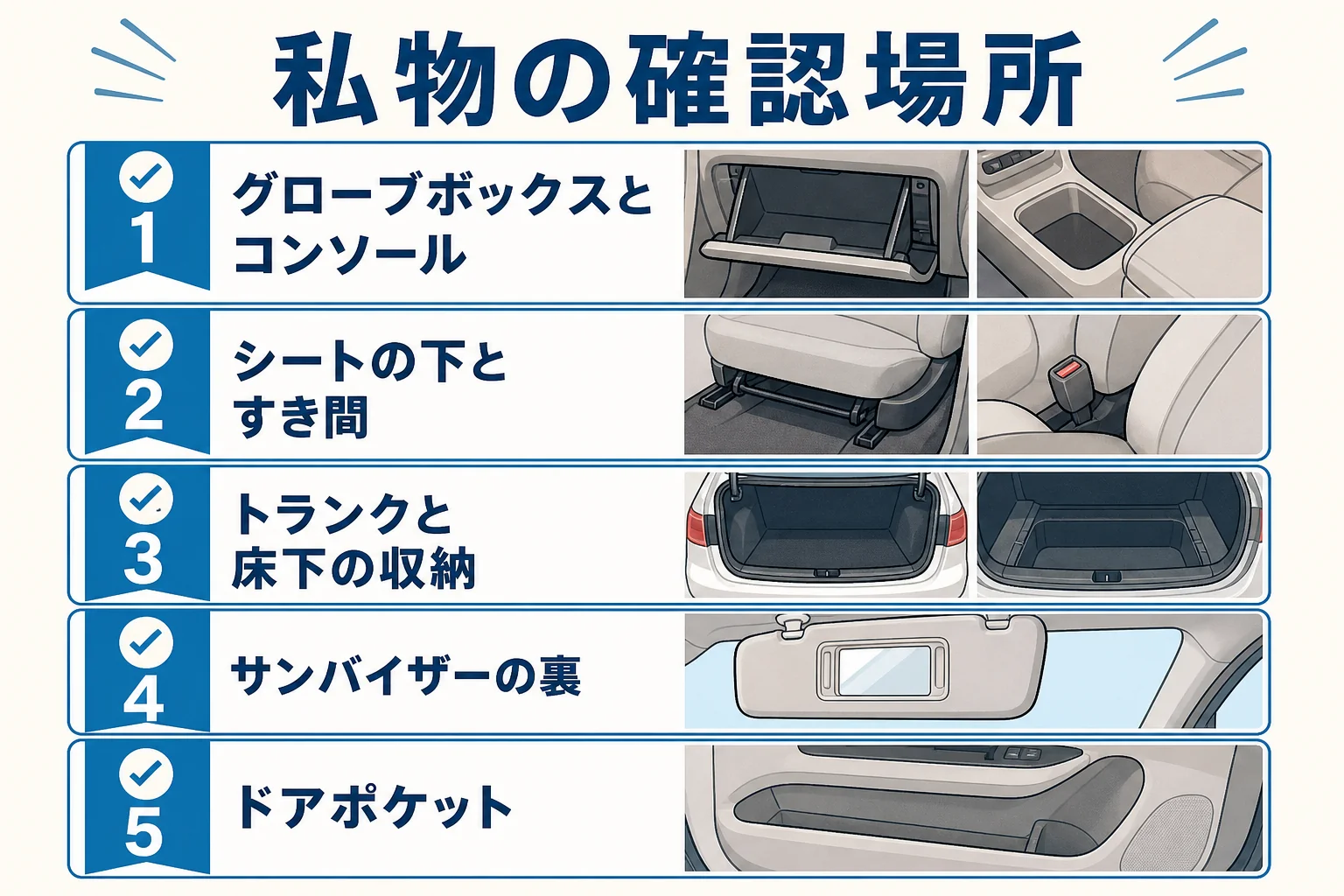 車を手放す前に私物が残りやすい車内の場所をまとめた図解