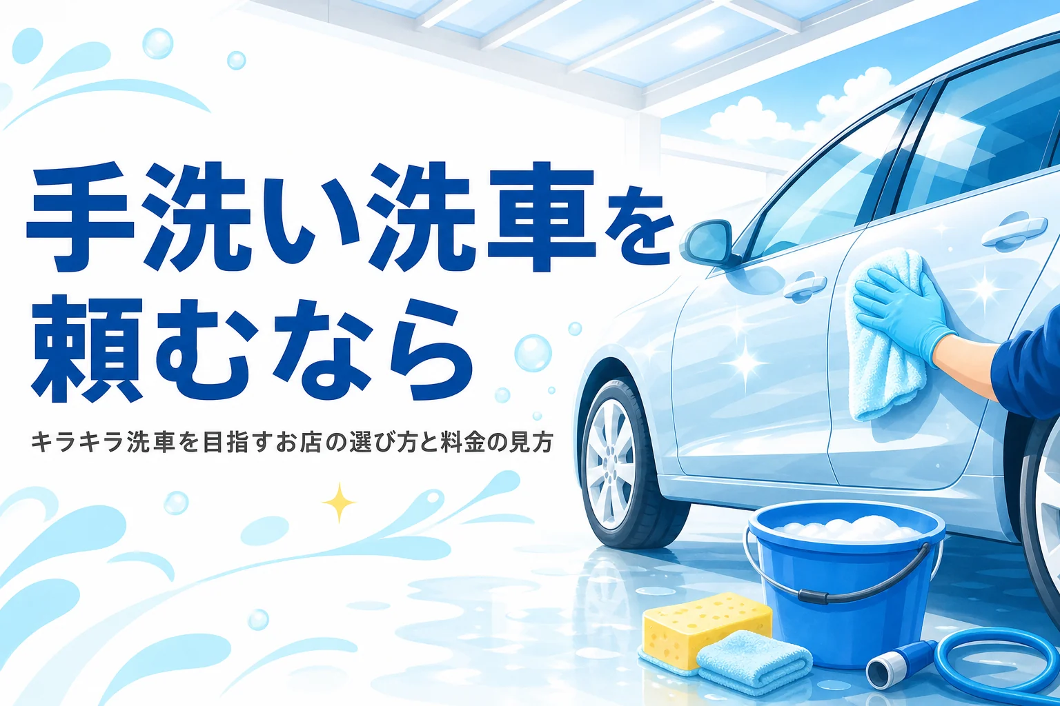 屋根のある作業スペースで乗用車のボディをタオルで拭き上げる手元