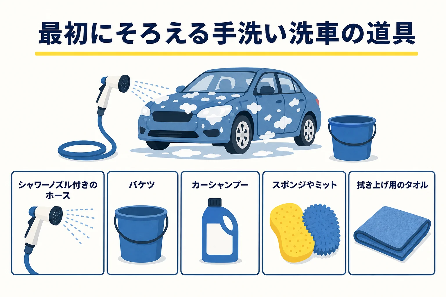 手洗い洗車を始める時に最初にそろえたい5つの道具をまとめた図解
