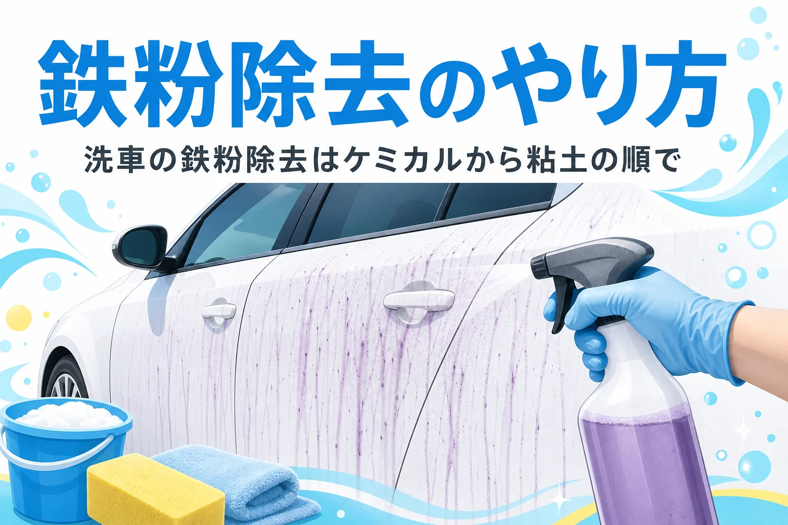 白い車のボディで鉄粉除去剤が紫色に反応して流れ落ちる様子と、鉄粉除去の記事タイトル