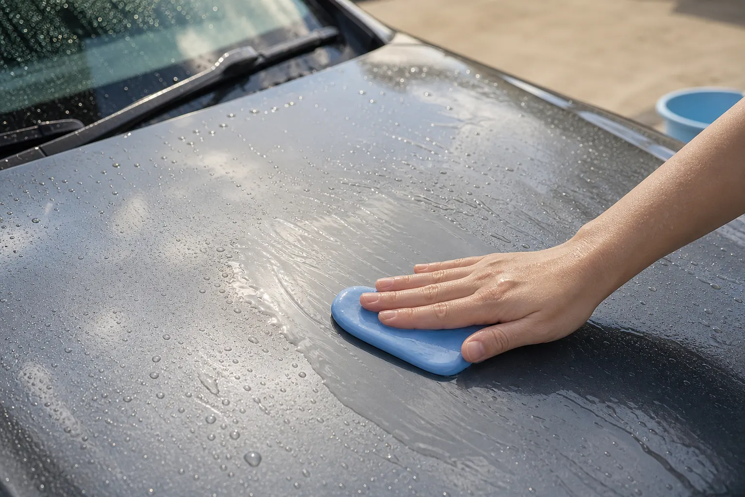 洗車粘土をたっぷりの潤滑液の上で、力を入れずにまっすぐ滑らせている様子