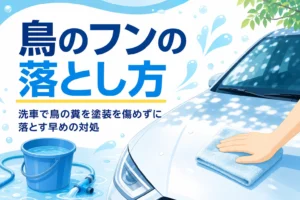 乗用車のボンネットに濡れたタオルを乗せて鳥のフンをふやかす手元