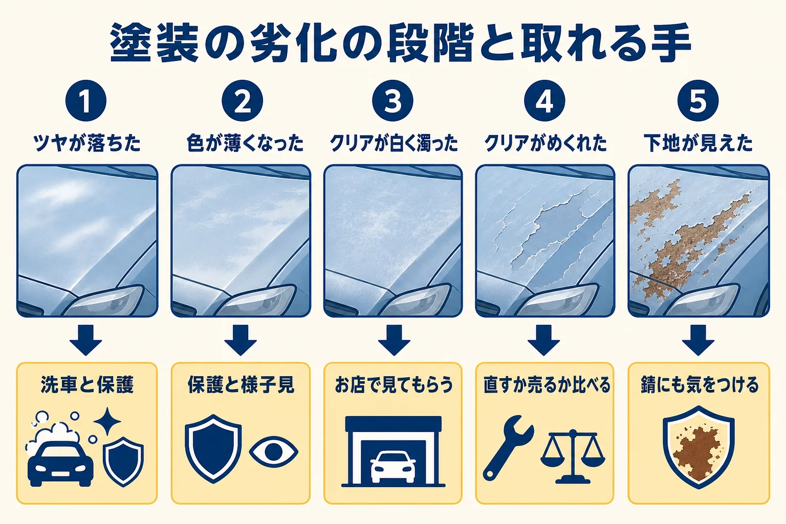 車の塗装の劣化を段階に分け、磨く・塗り直す・そのまま乗る・売るを比べた図解
