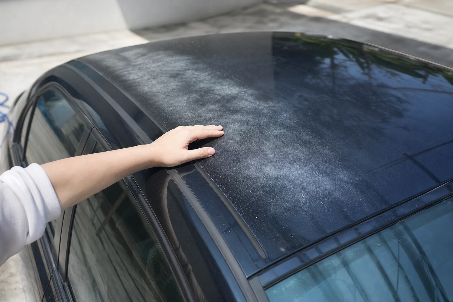洗車後に車の屋根の塗装が白っぽく濁っている所を、明るい日陰で確かめている様子