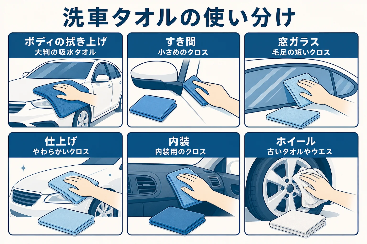 洗車タオルを拭き上げ用・すき間用・ガラス用・仕上げ用・内装用・ホイール用に分けた使い分けの図解