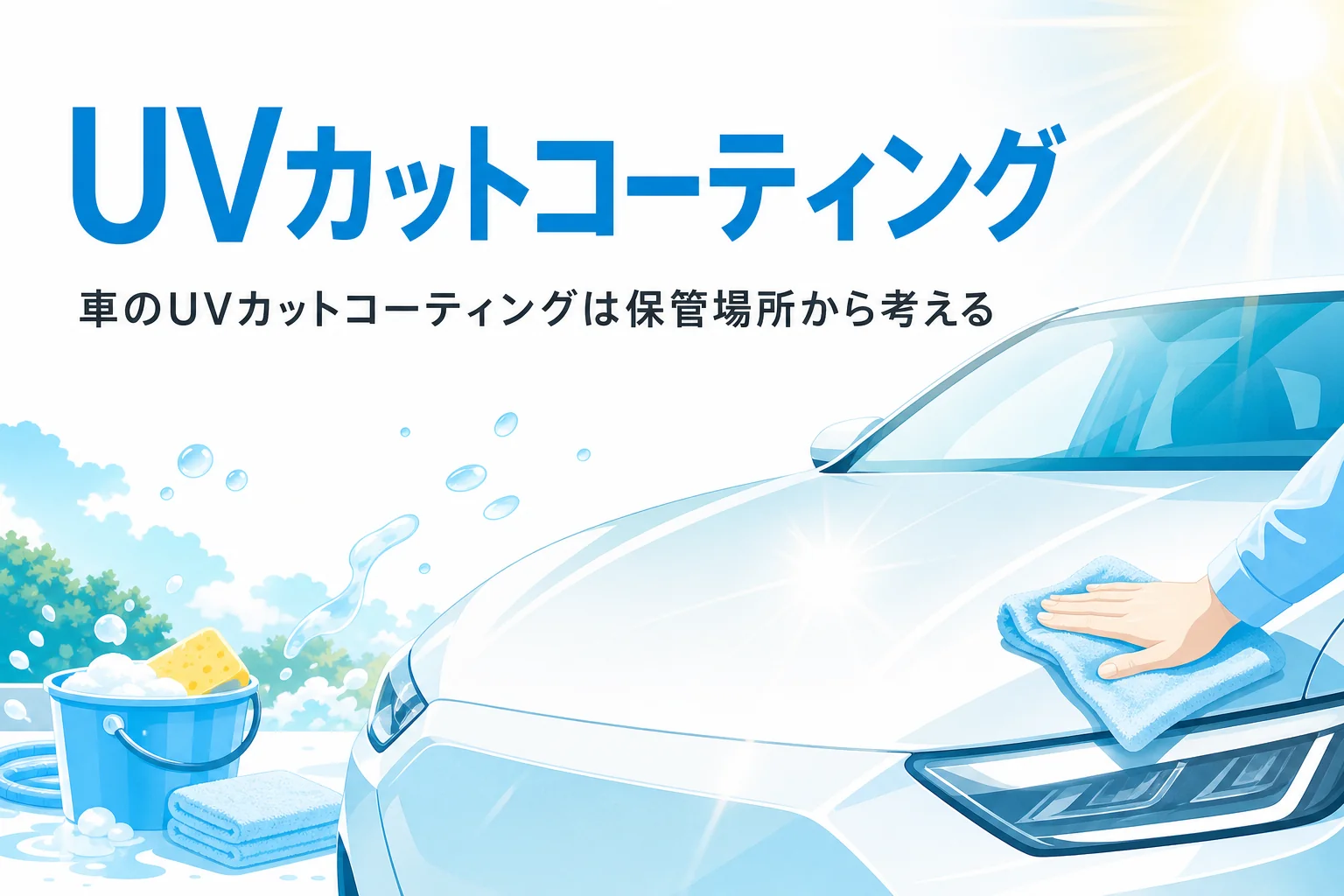 日差しを受ける乗用車と「UVカットコーティング」の文字