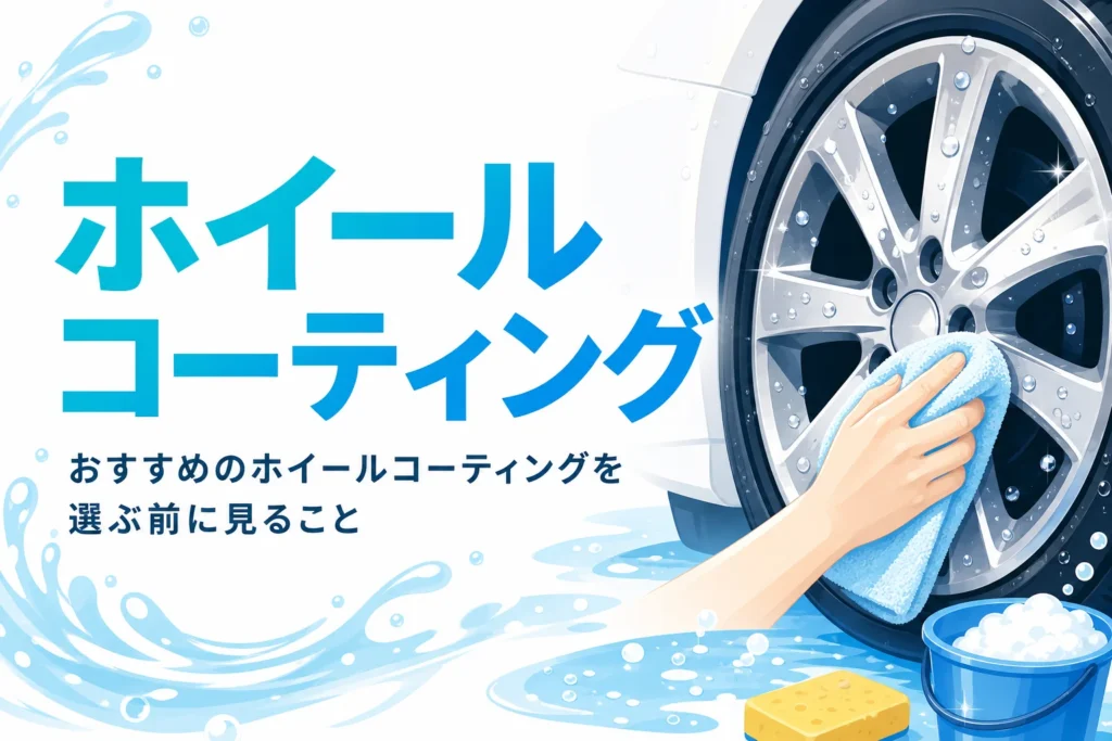 水滴が乗ったアルミホイールと「ホイールコーティング」の文字