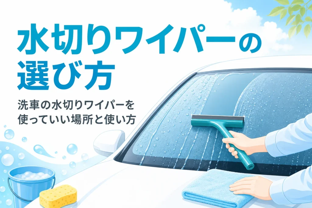 洗車後のフロントガラスを水切りワイパーで上から下へ水切りしている手元