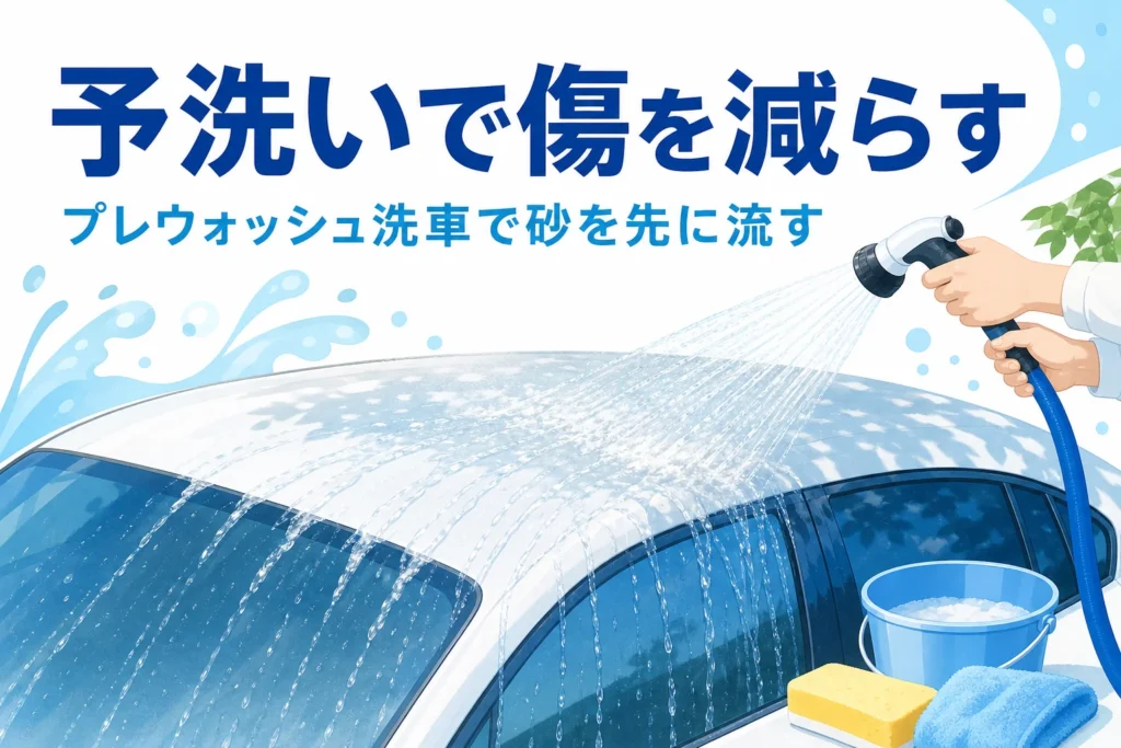 車の屋根にホースで水をかけて砂ぼこりを流す予洗いの手元と、プレウォッシュ洗車の記事タイトル