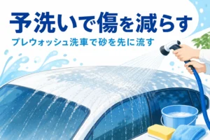 車の屋根にホースで水をかけて砂ぼこりを流す予洗いの手元と、プレウォッシュ洗車の記事タイトル